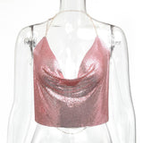 Cropped Glitter Sequin V-Neck Backless Halter Top - Alt Style Clothing