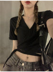 Solid V-neck Cropped Cross Tie-Up Crop Top - Alt Style Clothing