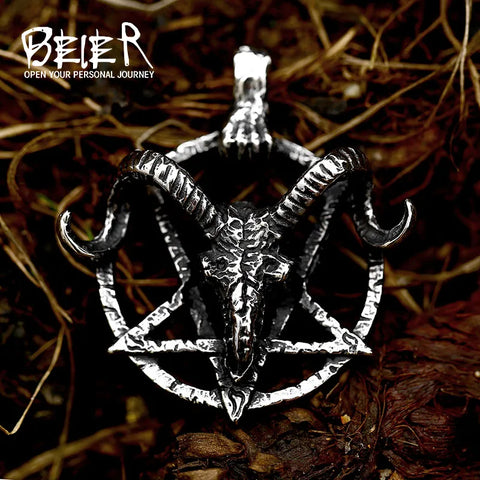 Pentagram Pan God Skull Goat Head Stainless Steel Pendant Necklace