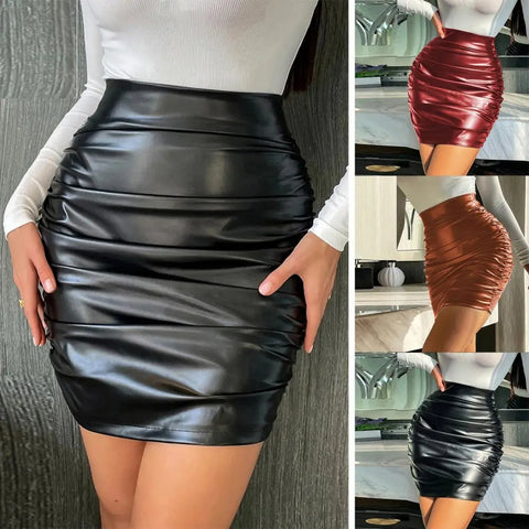 Ruched Leather Pencil Skirt Party Clubwear
