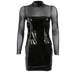 Shiny Leather Sheath Bag Hip Dress See Through Bodycon Stitching With Transparent Mesh - Alt Style Clothing