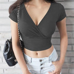 Solid V-Neck Short Sleeve Crop Top - Alt Style Clothing