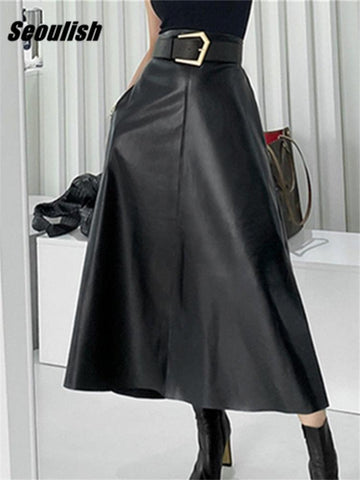 Classic Faux PU Leather Long Skirt - Alt Style Clothing