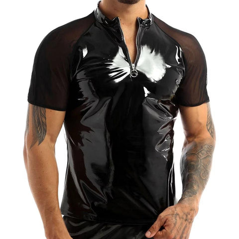 Glossy PVC Leather Short-sleeved Shirt Shaping Sheath Bodycon Patent Leather Top - Alt Style Clothing