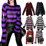 Unleash Your Inner Rebel with Our Punk Gothic Striped Hollow Knit Sweater - Alt Style Clothing