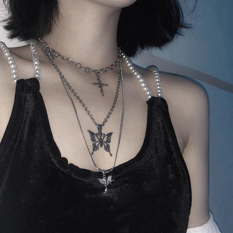 Layer Butterfly Cross Angel Pendant Grunge Metal Chain Necklace - Alt Style Clothing