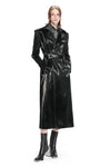 Black Reflective Patent Leather Trench Coat for Women - Long, Waterproof, Belted, Double Breasted