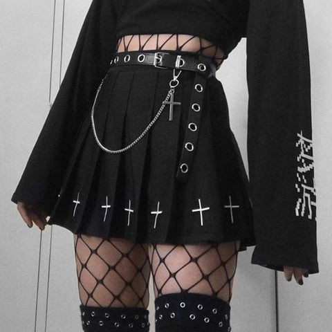 High Waist Gothic Cross Print Pleated Mini Skirt - Alt Style Clothing