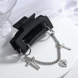 Gothic Black PU Leather Cross Chain Pendant Hair Claw Clip - Alt Style Clothing
