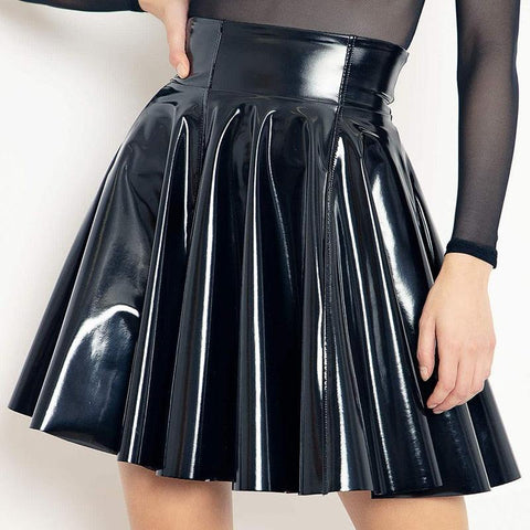 Gothic Patent PU Leather Lady High Waist PVC Flared Pleated A-line Circle Mini Skirt - Alt Style Clothing