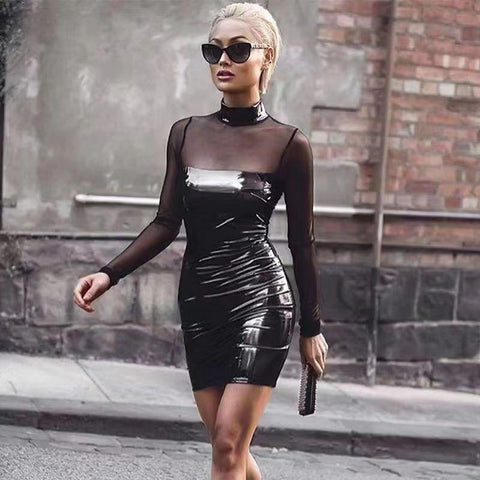 Shiny Leather Sheath Bag Hip Dress See Through Bodycon Stitching With Transparent Mesh - Alt Style Clothing