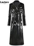 Black Reflective Patent Leather Trench Coat for Women - Long, Waterproof, Belted, Double Breasted - Alt Style Clothing