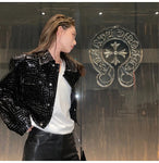 Short Black Reflective Patent Leather Jacket for Women