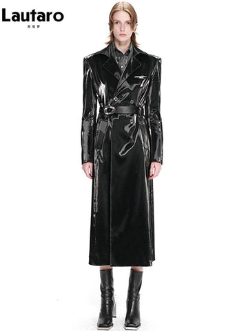 Black Reflective Patent Leather Trench Coat for Women - Long, Waterproof, Belted, Double Breasted - Alt Style Clothing