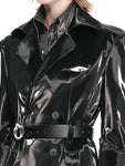 Black Reflective Patent Leather Trench Coat for Women - Long, Waterproof, Belted, Double Breasted