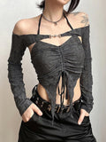 Gothic 2-Piece Set - Buckle Crop Top with Long Sleeves in Dark Vintage Goth Style - Alt Style Clothing
