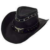 Western Leather Cowboy Hat - Black Hat with Cow Head Decoration - Alt Style Clothing