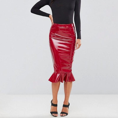 Shiny PU Leather Ruffles Midi Skirt - Alt Style Clothing