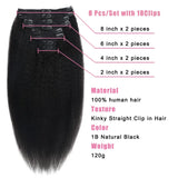 Straight Clip-In Hair Extensions - 8pcs Set 1B# Natural Black Remy Human Hair