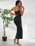 Elegant Slim Spaghetti Strap Black Side Slit Evening Party Midi Dress - Alt Style Clothing