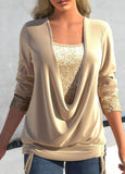 Loose Pleated Drop Neck Top with Sequin Splicing – Casual Two-Piece Look