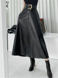 Classic Faux PU Leather A-Line Long Skirt - Vintage Elegance