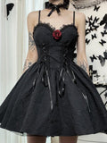 Goth Print Rose Lace Up A Line Dress - Alt Style Clothing