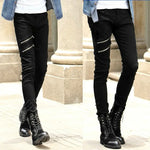 Punk Style Slim Fit Denim Pants with High Stretch and Chain Detail - Mid Waist