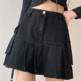 Goth Denim Pleated Mini Skirt with Big Pockets