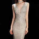 Elegant V-Neck Sequin Evening Dress Long Bodycon Maxi Prom Dress - Alt Style Clothing