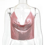 Cropped Glitter Sequin V-Neck Backless Halter Top