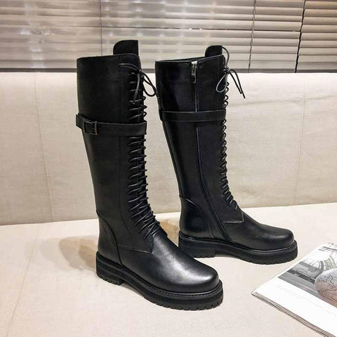 Leather Lace Up Med Heels Round Toe Punk Boots - Alt Style Clothing