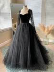 Gothic Long Sleeves Tulle Lace Appliques Sweep Eevening Gown - Alt Style Clothing