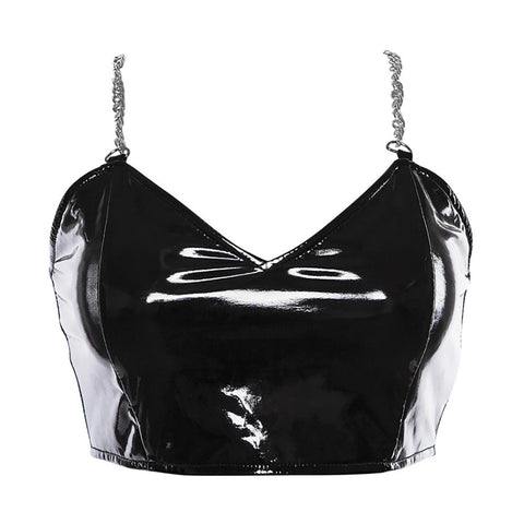 Patent Leather Crop Top Gothic Metal Chain V-Neck Zipper