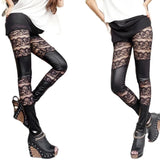 High-Waist Faux Leather Gothic Punk Leggings with Lace Detailing