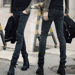 Punk Style Slim Fit Denim Pants with High Stretch and Chain Detail - Mid Waist