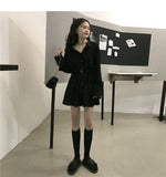 Pure Turn-down Collar Button Long Sleeve Collect Waist Elegant Dress - Alt Style Clothing