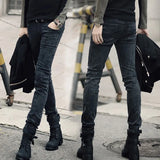 Punk Style Slim Fit Denim Pants with High Stretch and Chain Detail - Mid Waist