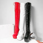 Punk Style Patent Leather Over the Knee Boots with Spike Heels for Women - Lace-up Sexy Pole Dance Shoes