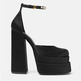 Silk Mary Jane Platform Pumps with Super High Square Heels