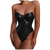 Unleash Your Inner Rebel with Our Solid Color Patent Leather Corset Jumpsuit Bodysuit Fashion