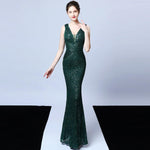 Elegant V-Neck Sequin Evening Dress Long Bodycon Maxi Prom Dress - Alt Style Clothing