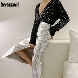Reflective patent leather skirt with slit high waist long skirt - Alt Style Clothing