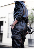 Soft Faux Leather Cargo Jumpsuit Long Sleeve Zipper - Alt Style Clothing