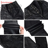 High-Waisted Faux Leather Skinny Pants with Side Lace-Up Detail - Sexy Black Coated Design with Stretch for Comfort