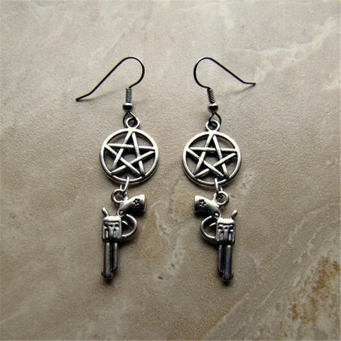 Supernatural Inspired Pentagram and Colt Gun Charm Dangle Earrings