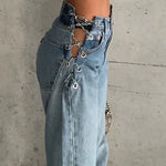 High Waisted Chain Jeans - Featuring a Cross Chain and Hollow Out Design for a Sexy and Elegant Look