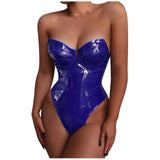 Unleash Your Inner Rebel with Our Solid Color Patent Leather Corset Jumpsuit Bodysuit Fashion