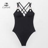 Solid Black V-neck O-ring One-Piece Swimsuit - Alt Style Clothing