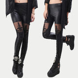 Stylish Nine-Point Faux Leather Gothic Punk Leggings for Women with Imitation Lace Detailing